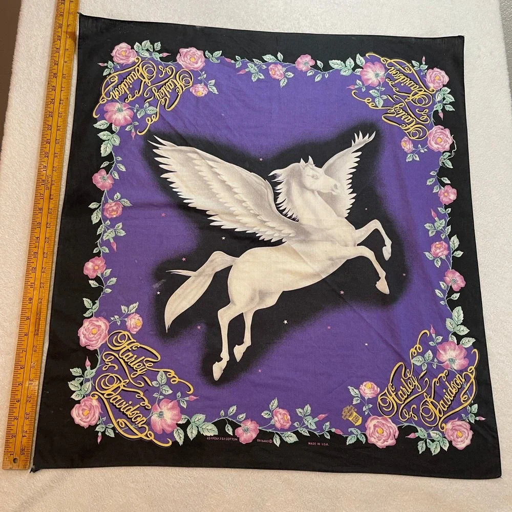 Vintage Harley Davidson Pegasus Bandana Purple Black Rose Floral Made in USA